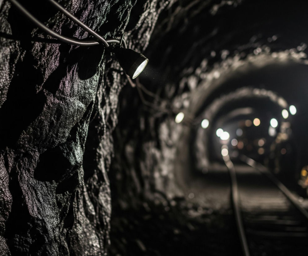 Wnętrze ciemnej, wilgotnej kopalni, gdzie pojedyncze lampy oświetlają skalistą ścianę i prowadzą w głąb tunelu. Widok symbolizuje ciężką pracę i trudne warunki górników z kopalni Silesia, o których przeczytasz więcej w Super Biznes.