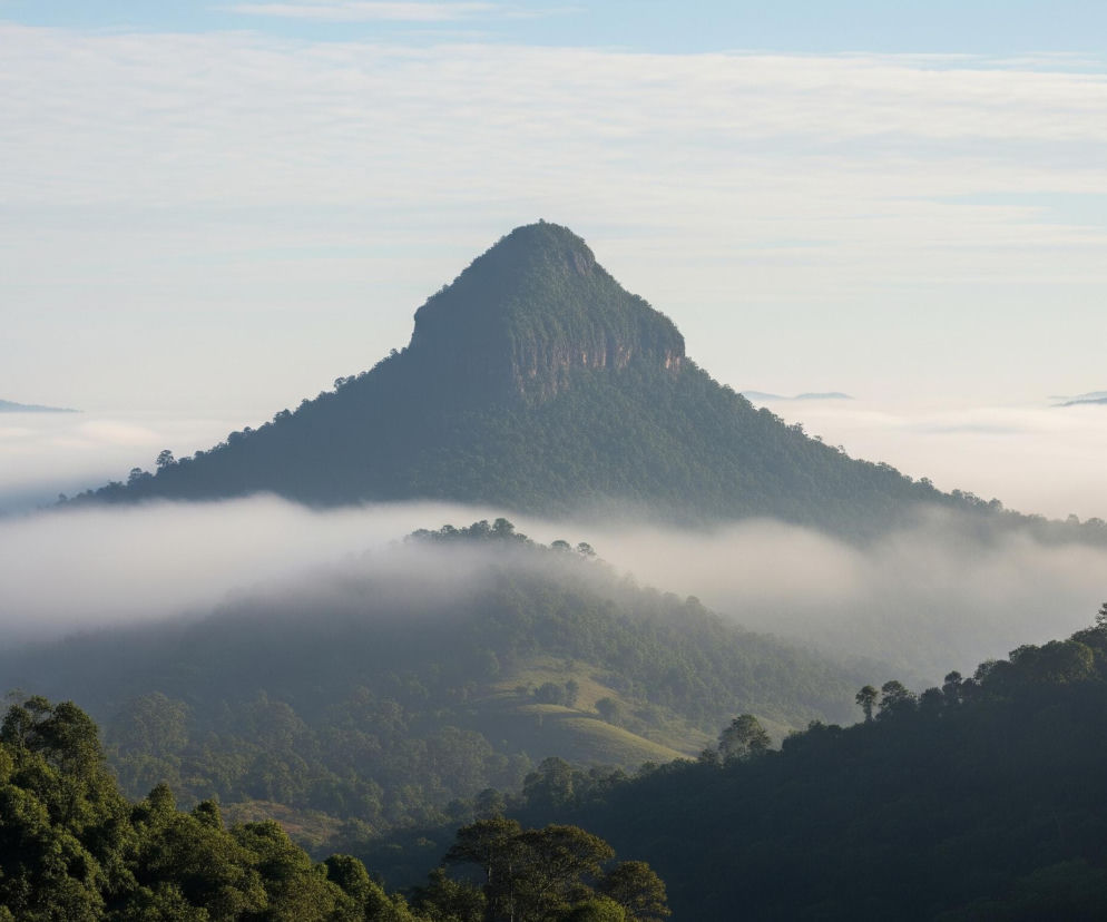 Górski krajobraz przedstawia szpiczastą, zalesioną górę dominującą w centrum, otoczoną mgłą. Górne partie góry są oświetlone, a na jej szczycie widać niewielką konstrukcję. Pod nią, i na horyzoncie, rozciąga się morze białej, puszystej mgły, z której wyłaniają się zalesione wzniesienia. Niebo nad górami jest jasnobłękitne z delikatnymi, poziomymi smugami chmur, które bledną ku horyzontowi.