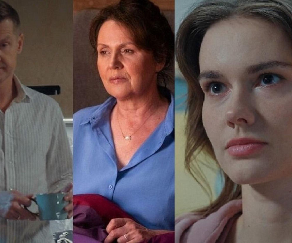 Paweł Zduński (Rafał Mroczek), Marysia Rogowska (Małgorzata Pieńkowska) i Franka Zduńska (Dominika Kachlik) z M jak miłość. Paweł trzyma kubek, Marysia w niebieskiej koszuli, Franka w różowym swetrze. Artykuły o tej sytuacji znajdziesz na Super Seriale.