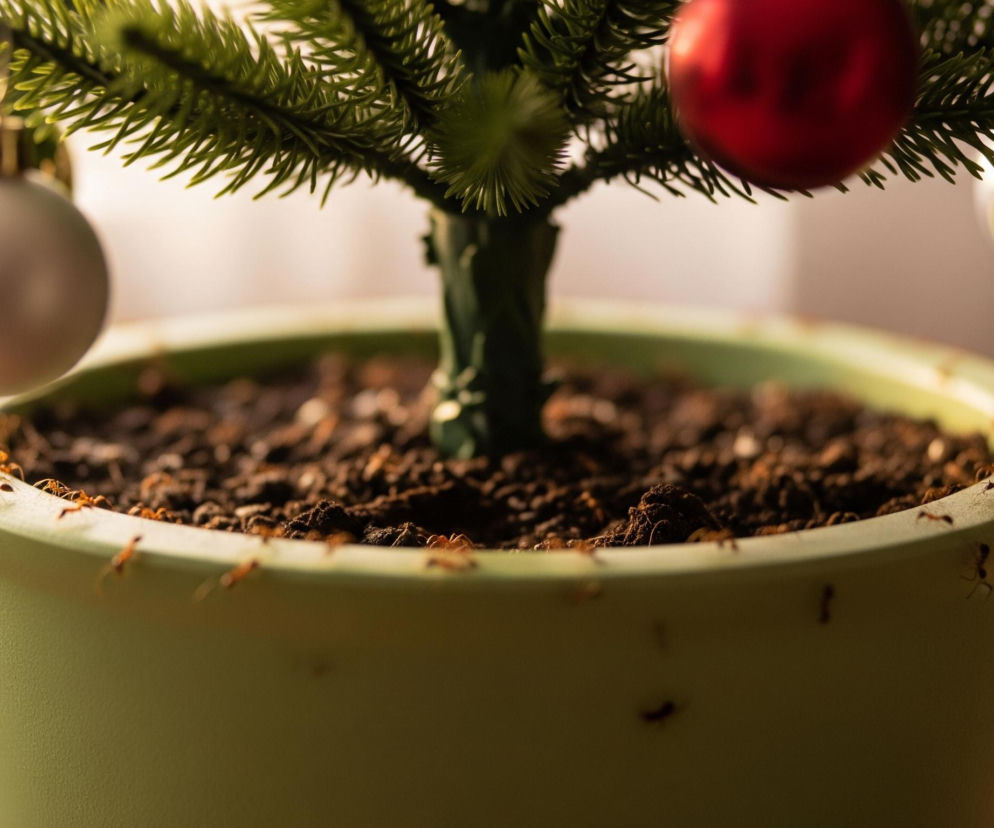 Zielona, sztuczna choinka, dekorowana trzema bombkami, rośnie w jasnooliwkowej doniczce wypełnionej ciemną ziemią. Dwie bombki, jedna srebrna i jedna czerwona, wiszą po prawej stronie, natomiast jedna biała i złota bombka znajduje się po lewej stronie. Na brzegach doniczki oraz w glebie widocznych jest wiele małych, rudawych mrówek. Tło jest jasne, rozmyte, w odcieniach beżu i brązu.