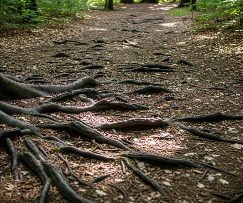 Na pierwszym planie, po lewej stronie, widoczny jest pień drzewa o ciemnej, szorstkiej korze, z którego rozchodzą się grube, ciemne korzenie, częściowo pokryte zielonym mchem, wijące się po ziemi. Podłoże w całym kadrze pokryte jest warstwą suchych, brązowych liści i gałązek, tworząc leśną ściółkę, przez którą przebiega naturalna ścieżka. Dalej w głąb obrazu, ścieżka otoczona jest kolejnymi drzewami i zieloną roślinnością, a promienie słońca przechodzące przez korony drzew tworzą jasne plamy światła na ziemi.