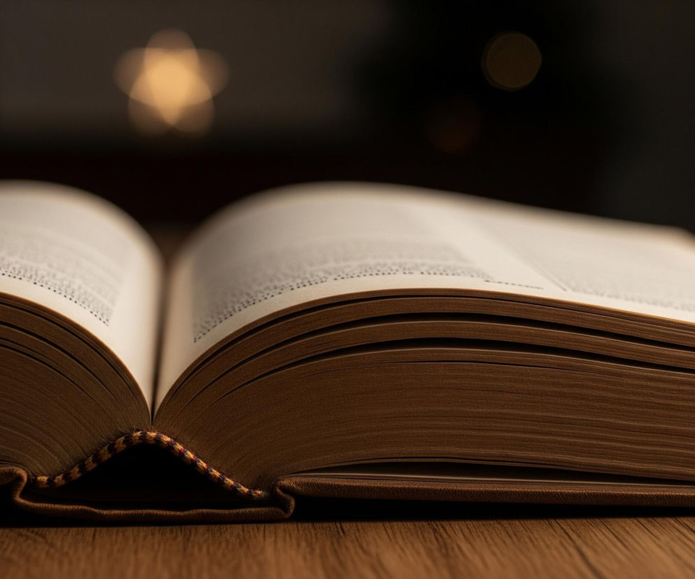 Na pierwszym planie leży otwarte, rozłożone na drewnianym blacie biurka, obszerne wydanie książki. Strony, o barwie złamanej bieli, pokryte są drobnym czarnym tekstem. Brzegi kartek są ciemnobrązowe, kontrastując z jaśniejszym środkiem, a grzbiet książki, u podstawy, ozdobiony jest kolorową plecionką w odcieniach czerwieni, złota i błękitu, spoczywającą na ciemnobrązowej okładce. W tle, rozmyte i niewyraźne, widoczne są dwa punkty świetlne o ciepłej, pomarańczowej barwie, z czego jeden przypomina kształtem kwiat.