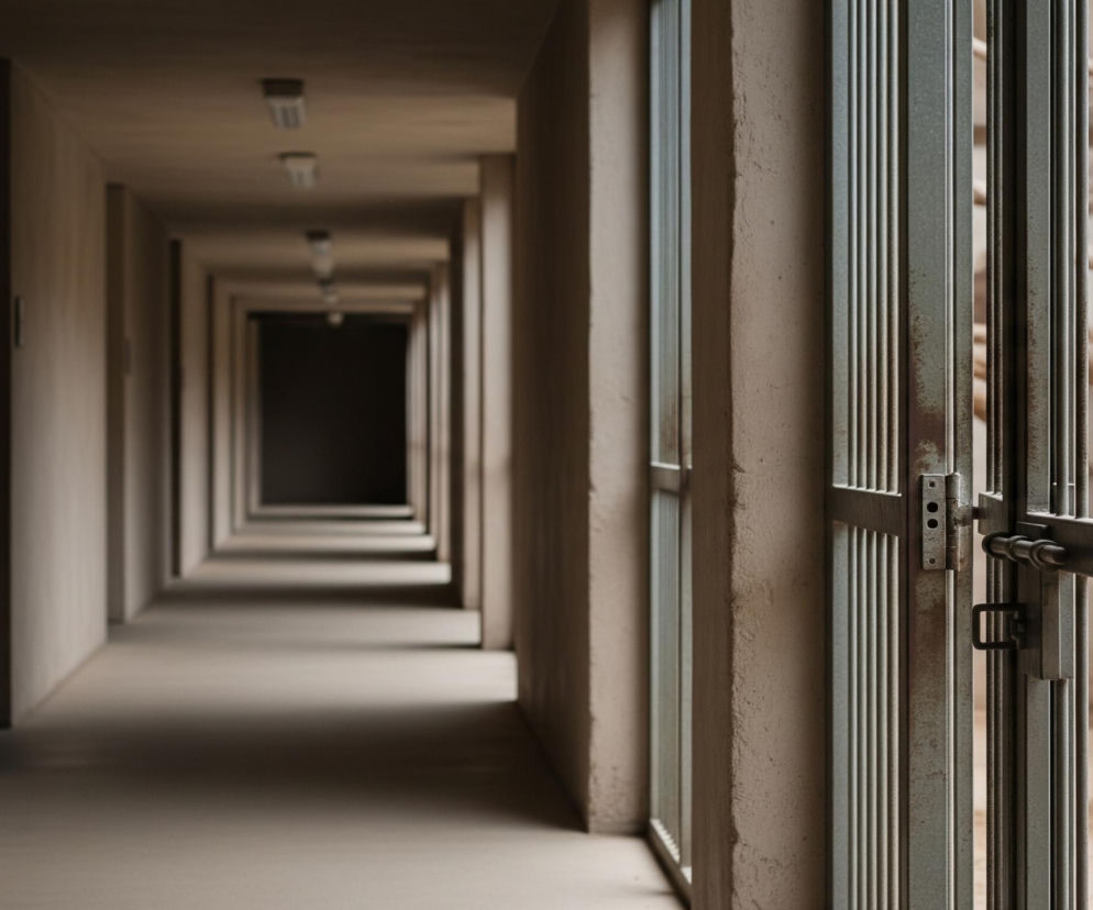 Długi, wąski korytarz rozciąga się w głąb obrazu, ukazując serię powtarzających się segmentów architektonicznych. Na pierwszym planie po prawej stronie znajduje się metalowa brama z pionowymi prętami, wyposażona w mechanizm zamknięcia i zawiasy, częściowo otwarta na zewnątrz. Po lewej stronie korytarza widoczna jest gładka, jasnobrązowa ściana, a po prawej, za bramą, znajduje się szereg okien lub otworów również zabezpieczonych pionowymi prętami, prowadzących do wnętrza pomieszczenia. Sufit korytarza jest wyposażony w szereg prostokątnych opraw oświetleniowych, rozmieszczonych w regularnych odstępach, które stają się coraz mniej wyraźne w miarę oddalania się perspektywy.