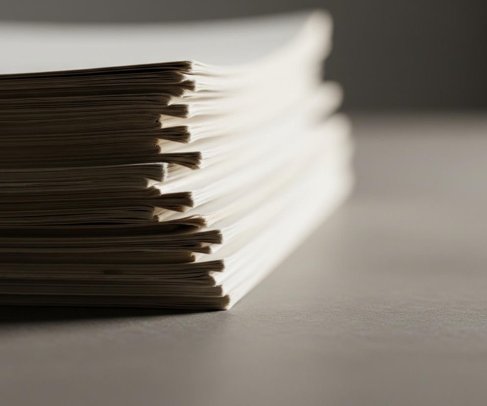 Na obrazie dominują ułożone w stos kartki papieru, tworzące widoczny z lewej strony kadru grubej krawędzi. Kartki są niejednorodnie ułożone, niektóre wystają minimalnie poza główny blok, tworząc drobne nieregularności na krawędzi. Kolor papieru jest jasny, prawie biały, ale boki kartek są w odcieniach szarości z delikatnymi cieniami. Stos leży na ciemnoszarym, matowym blacie, który zajmuje dolną i prawą część obrazu, delikatnie rozmywając się w oddali. Tło za stosem papieru jest ciemnoszare, niemal czarne, co tworzy kontrast z jasnymi kartkami.