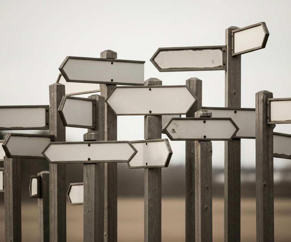 W centrum obrazu znajduje się wiele drogowskazów w kształcie strzałek, przymocowanych do pionowych drewnianych słupków. Każda strzałka ma białą, pustą powierzchnię przeznaczoną na tekst, otoczoną szarą, postarzaną ramką, z widocznymi miejscami rdzy lub zniszczeń. Słupki są wykonane z ciemnego drewna o wyraźnej strukturze słojów i w niektórych miejscach mają widoczne sęki.

Drogowskazy są skierowane w różne strony, tworząc gęstą i chaotyczną siatkę wskazań, co sugeruje wiele możliwych kierunków. Tło jest rozmyte, z jasnoszarą, zamgloną górną częścią, przechodzącą w ciemniejsze, rozmazane sylwetki drzew lub krzewów po lewej stronie i w odcienie brązu i szarości w dolnej części, co prawdopodobnie przedstawia odległy krajobraz lub grunt. Ogólna kolorystyka obrazu jest stonowana, dominują szarości, biel i odcienie brązu.