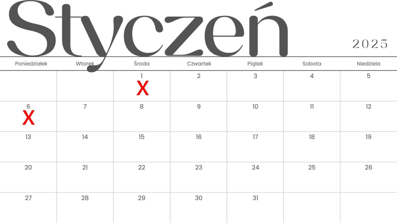 Dni wolne w styczniu 2025