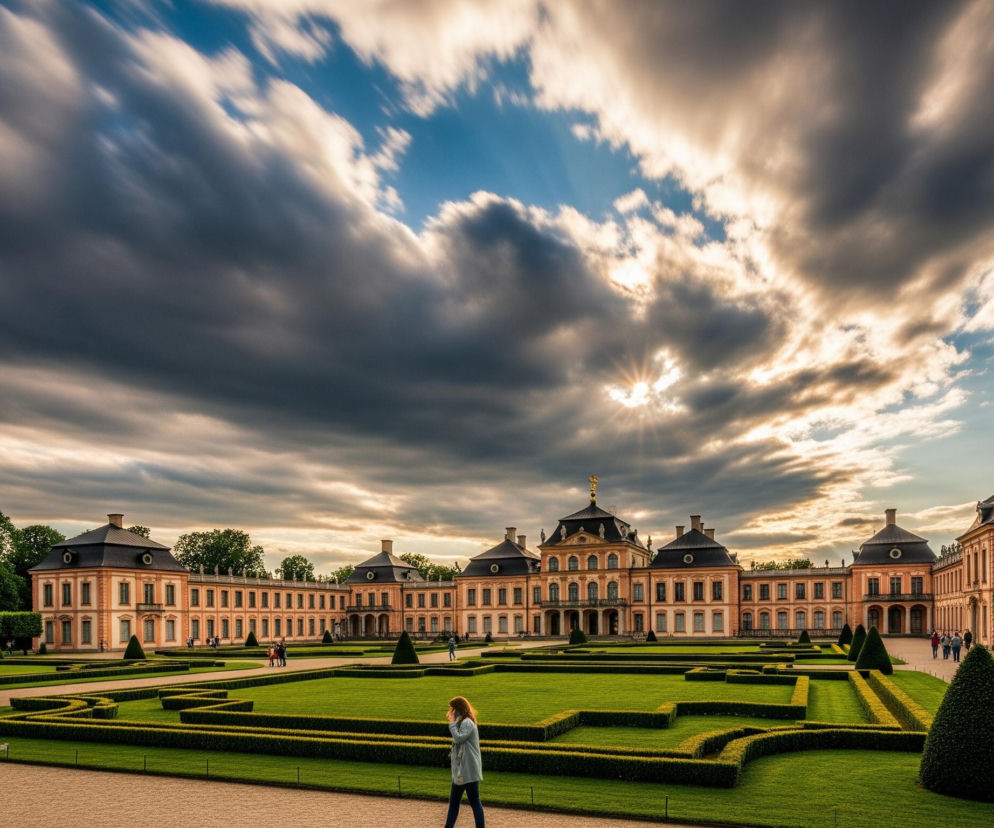 Monumentalny pałac o fasadzie w odcieniach pomarańczowo-kremowych z czarnymi, spadzistymi dachami rozciąga się horyzontalnie przez środek kadru, otoczony rozległymi, zielonymi ogrodami w stylu francuskim. Nad budynkiem dominują dynamiczne, ciemne chmury, przez które przebijają się promienie słońca, tworząc na niebie smugi jasnego błękitu i złota. W ogrodzie widać starannie przystrzyżone żywopłoty układające się w geometryczne wzory, stożkowate drzewa oraz piaszczyste ścieżki, po których spacerują nieliczni ludzie.