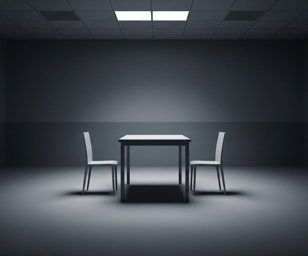 Centralnym elementem obrazu jest prostokątny stół z dwoma identycznymi, prostymi krzesłami, ustawionymi naprzeciwko siebie. Cała scena rozgrywa się w pustym, szarym pomieszczeniu z ciemniejszymi ścianami i podłogą, która jaśnieje w centralnym punkcie pod światłem. Na suficie widać siatkę kratownicową, a w jej lewej części świeci jedna, duża, biała, prostokątna lampa, rzucająca intensywne światło na stół i krzesła.