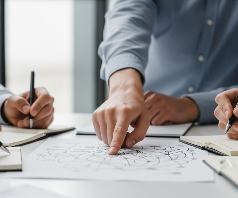 Trzy osoby w jasnych koszulach, prawdopodobnie w biurze, pochylają się nad stołem z dokumentami. Centralna postać w koszuli w kolorze błękitu nieba, wskazuje palcem na skomplikowany wzór narysowany czarnym tuszem na białej kartce papieru, składający się z okręgów i linii łączących. Po lewej i prawej stronie widoczne są dłonie innych osób, trzymające czarne długopisy i piszące w otwartych notatnikach z kremowymi kartkami. Tło jest rozmyte, ukazując jasne okno po lewej stronie.