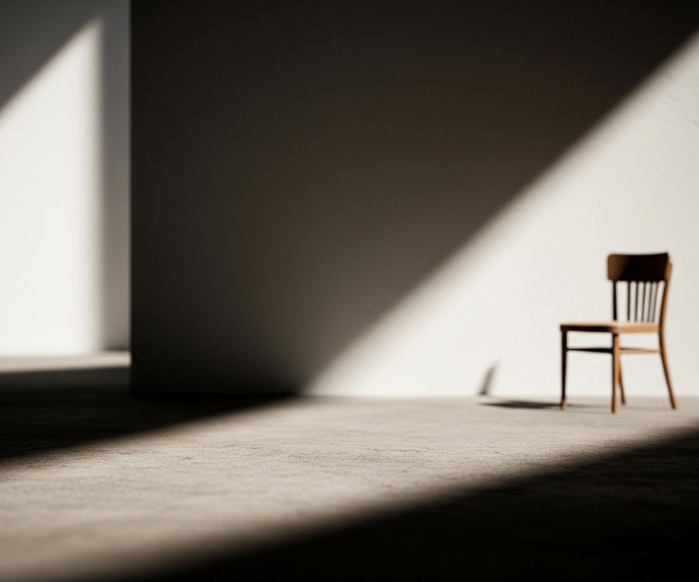 Pojedyncze, drewniane krzesło stoi w pomieszczeniu, oświetlonym smugami światła wpadającego przez okna. Ściany i podłoga mają nierówną, ziarnistą fakturę w odcieniach szarości i beżu. Scena zdominowana jest przez mocny kontrast między jasno oświetlonymi fragmentami a głębokimi cieniami.