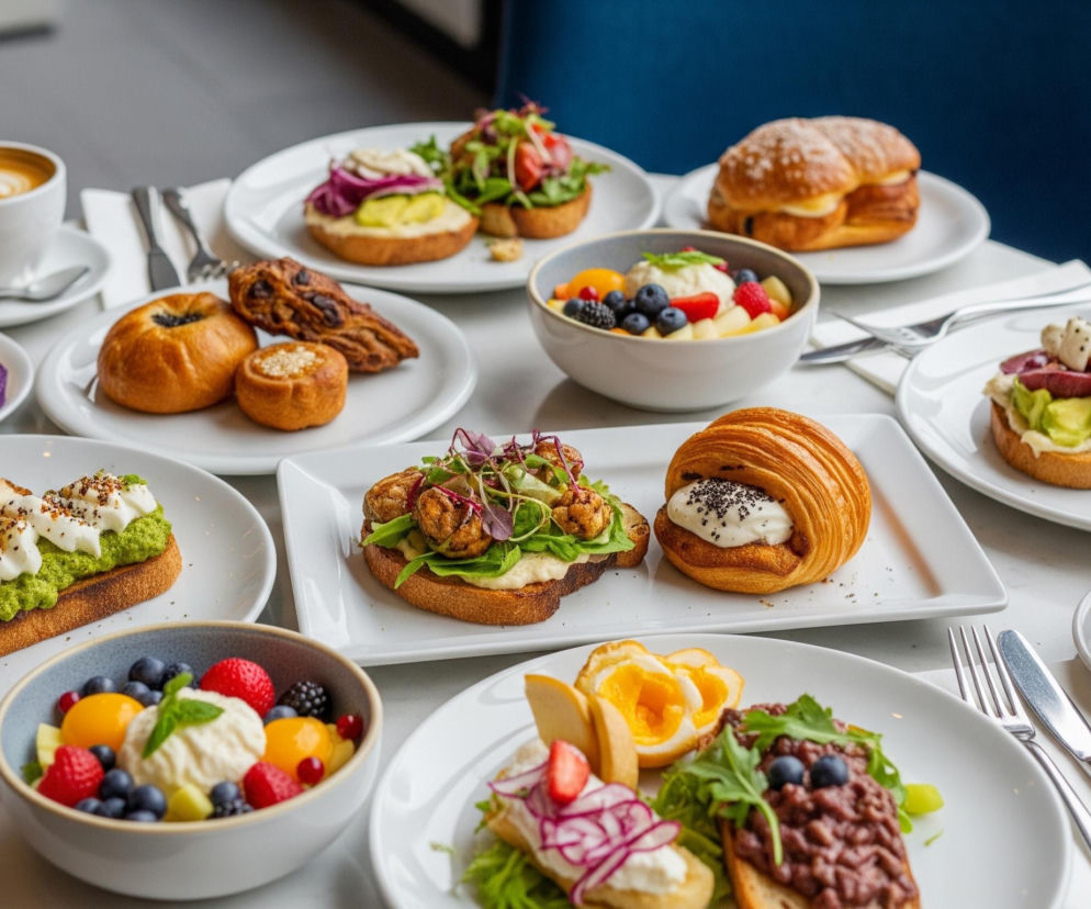 Na białym marmurowym stole stoi zastawiony obfity posiłek, przypominający śniadanie lub brunch. Lewą stronę zdjęcia dominuje filiżanka cappuccino z mleczną pianką w kształcie serca, obok niej leżą na białym talerzu smażone pierścienie i mała porcja fioletowego puree. Dalej, na kolejnym talerzu, widoczne są trzy słodkie wypieki: jedna duża drożdżówka z makiem, jedna drożdżówka z rodzynkami i jeden mniejszy, okrągły wypiek z kruszonką. Na pierwszym planie, bliżej lewej strony, na długim, białym talerzu znajduje się prostokątna grzanka z zielonym musem i kleksami białego serka, posypana ciemnymi drobinkami, a za nią, również na grzance, pomarańczowe kawałki owoców i świeże zioła.

W centralnej części obrazu, na białym, prostokątnym talerzu ułożone są dwie grzanki: jedna z smażonymi kawałkami kurczaka lub tofu i zieloną sałatą, a druga z rogalikiem nadziewanym kremem i posypanym czarnym makiem. Po prawej stronie, w tle, widoczny jest duży, puszysty wypiek z lukrem. Kolejny biały talerz na prawo od centrum prezentuje dwie grzanki z kawałkami awokado, marynowaną czerwoną cebulą i białym serkiem, ozdobione świeżymi ziołami. Na pierwszym planie pośrodku stoi mała szara miseczka wypełniona świeżymi owocami: jagodami, malinami, truskawkami, jeżynami, kawałkami mango i melona, z kleksem białego kremu i listkiem mięty na wierzchu.

W prawym dolnym rogu, na białym talerzu, leżą trzy grzanki: jedna z marynowaną czerwoną cebulą i truskawką, druga z ciemnobrązową pastą, jagodami i świeżymi ziołami, oraz dwie połówki jajka na twardo. Obok tego talerza leży sztućce: nóż i widelec. Na prawo, bliżej krawędzi obrazu, znajduje się kolejna filiżanka cappuccino, również z wzorem z pianki, z łyżeczką na spodku. Tło stanowi fragment niebieskiego obicia krzesła po lewej stronie oraz okno z widokiem na zewnątrz po prawej stronie.