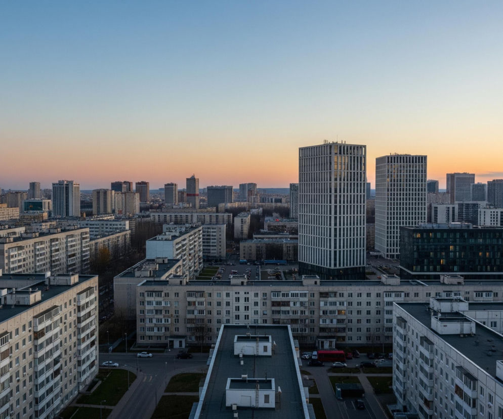 Miejski pejzaż rozciąga się pod zachodzącym słońcem, którego jasne, pomarańczowo-różowe barwy przenikają horyzont i stopniowo przechodzą w błękitny, czysty nieboskłon. Dominują tu liczne wieżowce i bloki mieszkalne o różnych kształtach i wysokościach, z których cztery najwyższe, nowoczesne budynki o szarej, geometrycznej fasadzie wyróżniają się na tle reszty. Pomiędzy nimi, niższe, starsze bloki mieszkalne z lat wcześniejszych, o jednolitej szarej kolorystyce, tworzą gęstą zabudowę, a na ich dachach widoczne są białe elementy i ciemne połacie papy. Na ulicach pomiędzy budynkami widać zaparkowane samochody oraz pojedyncze pojazdy w ruchu.