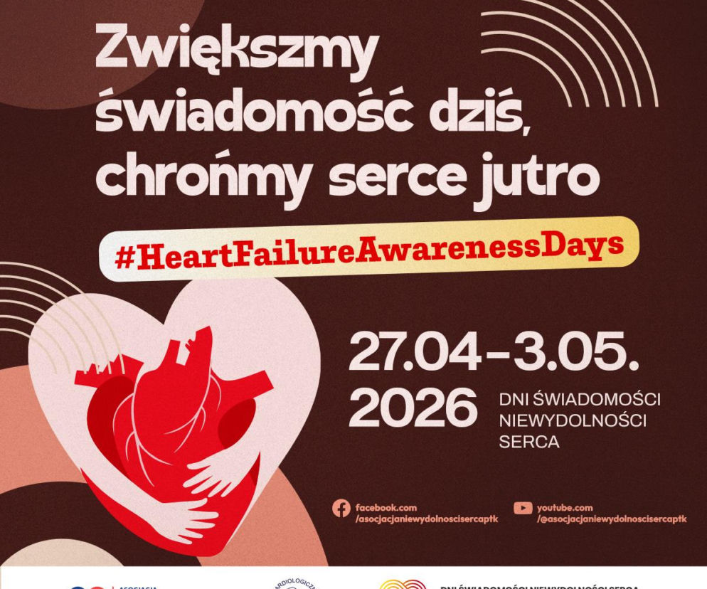 Grafika promująca Dni Świadomości Niewydolności Serca z hasłem „Zwiększmy świadomość dziś, chrońmy serce jutro”, datami 27.04-3.05.2026 i stylizowanym ludzkim sercem otoczonym ramionami, a także logo Asocjacji Niewydolności Serca Polskiego Towarzystwa Kardiologicznego. Więcej o kampanii przeczytasz na Poradnik Zdrowie.