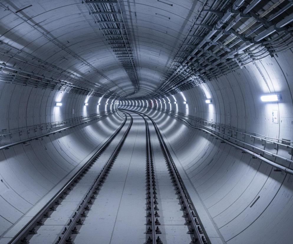 Wnętrze długiego, cylindrycznego tunelu metra rozciąga się w perspektywie, z dwoma torami kolejowymi biegnącymi przez jego centrum i zakręcającymi w prawo w oddali. Ściany i sufit tunelu, wykonane z jasnoszarych, zakrzywionych paneli, są oświetlone rzędami podłużnych, jasnych lamp LED umieszczonych regularnie na górnych partiach ścian. Wzdłuż sufitu i górnych ścian biegnie gęsta sieć rur i kabli, tworząc skomplikowany wzór.