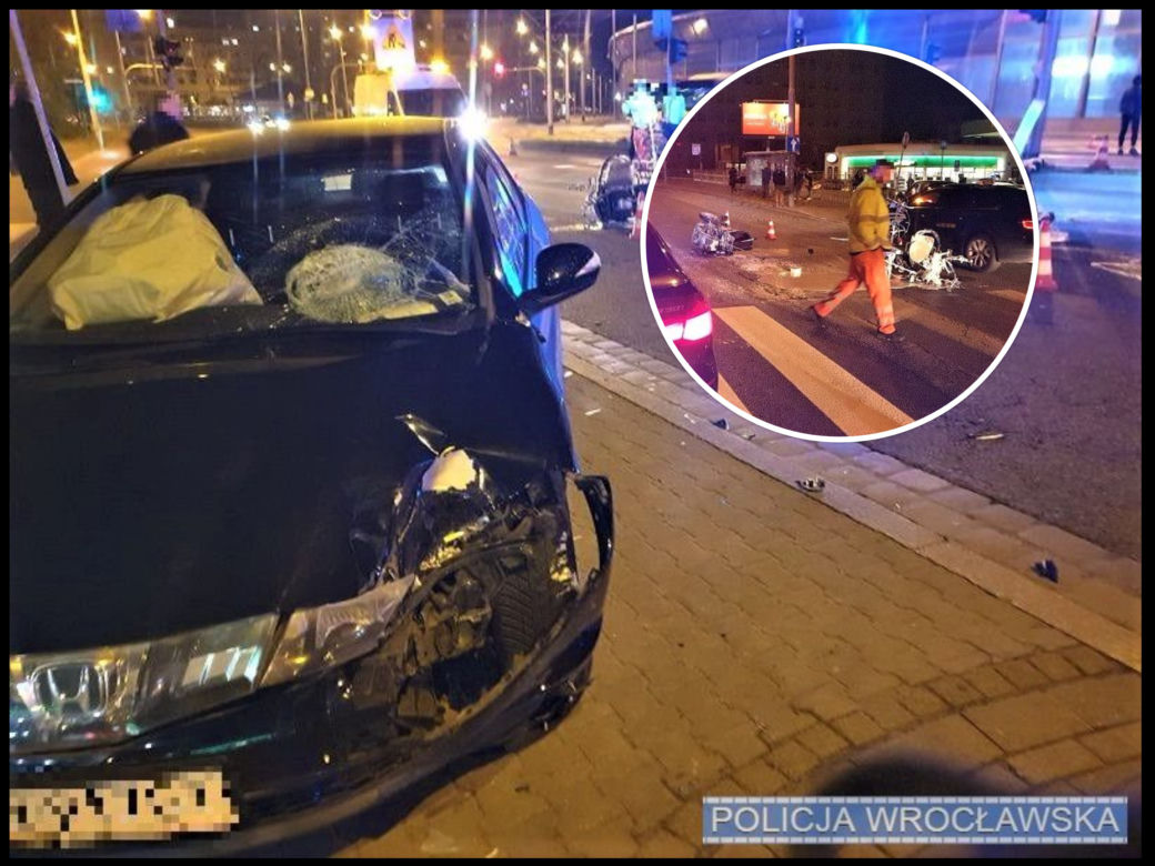 O krok od tragedii we Wrocławiu. Honda wjechała w maszynę do malowania pasów
