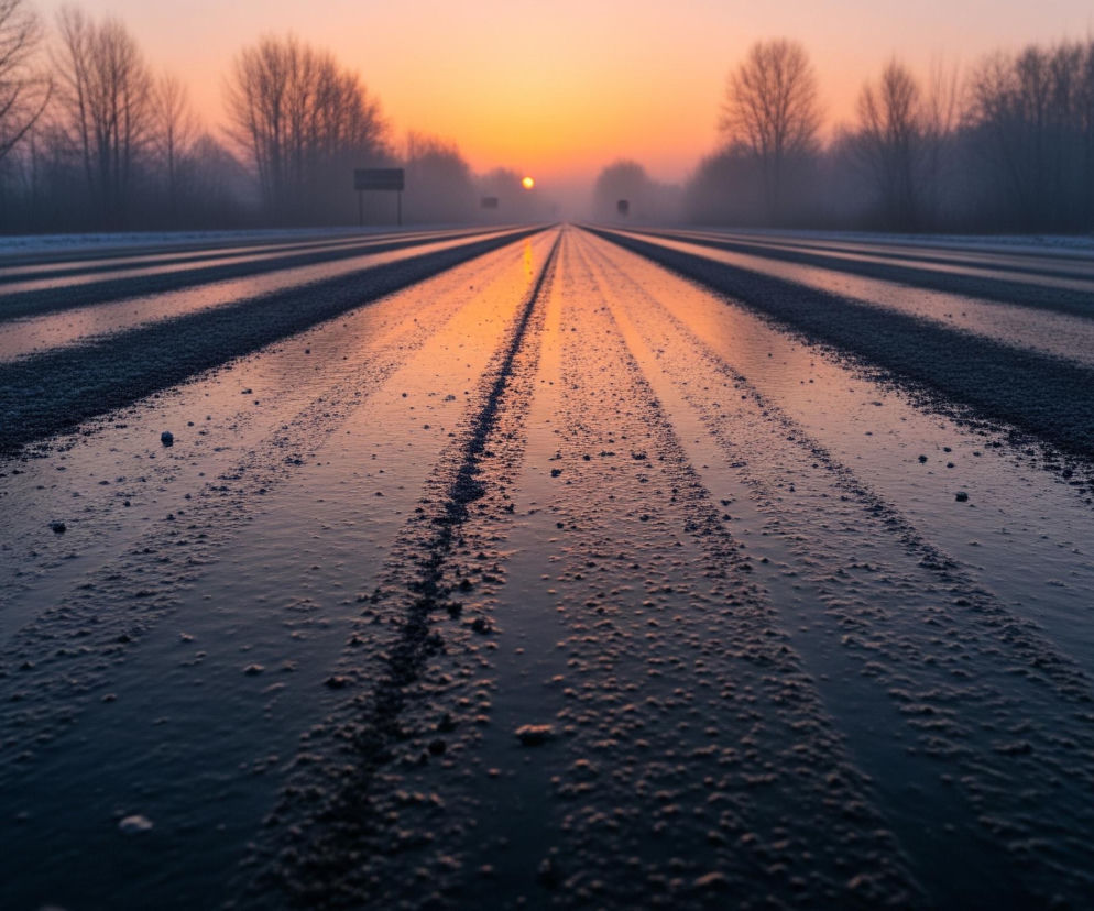 Długa, prosta droga rozciąga się w głąb obrazu, pokryta lodem i kałużami. Lód na drodze jest wyraźnie widoczny jako ciemne, grudkowate plamy, podczas gdy kałuże odzwierciedlają pomarańczowo-różowe światło zachodzącego słońca, tworząc smugi wzdłuż nawierzchni. Na horyzoncie, dokładnie pośrodku kadru, widoczne jest pomarańczowe słońce, które zanurza się w mlecznej mgle, otoczone drzewami o nagich gałęziach.