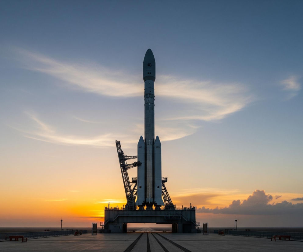 Duża, biało-szara rakieta stoi pionowo na platformie startowej, wspierana przez ciemną metalową wieżę serwisową. Horyzont jest widoczny, a niebo stopniowo przechodzi od jaskrawego pomarańczu na dole po lewej stronie, gdzie zachodzi słońce, do jasnoniebieskiego na górze po prawej, z delikatnymi chmurami rozciągającymi się przez niebo. Platforma startowa z betonową nawierzchnią rozciąga się w kierunku pierwszego planu, z wyraźnie widocznymi szynami prowadzącymi do miejsca, gdzie znajduje się rakieta. Na tle zachodzącego słońca, w prawym dolnym rogu, widać ciemne sylwetki niskich, puszystych chmur.
