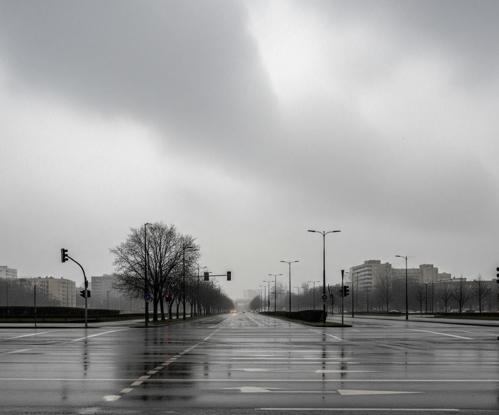 Szeroka ulica, o mokrej i odblaskowej nawierzchni, biegnie prosto w głąb kadru, otoczona po obu stronach rzędami wysokich, bezlistnych drzew i budynków w tle. Niebo jest całkowicie zasnute ciężkimi, szarymi chmurami, tworząc stonowaną, niemal monochromatyczną paletę barw dominującą w całym obrazie. Na pierwszym planie, po lewej stronie, stoi wysoka, czarna latarnia uliczna z dwoma lampami, a dalej wzdłuż ulicy rozmieszczone są liczne latarnie i sygnalizacje świetlne, z których jedna, na środku kadru, świeci czerwonym światłem. Odblaski światła i otoczenia tworzą na mokrej jezdni wyraźne, pionowe smugi.
