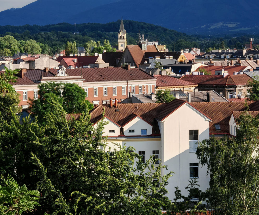 Panorama dachów kamienic w Cieszynie na tle zielonych wzgórz i gór. O historii miasta przeczytasz na Eska Śląskie.