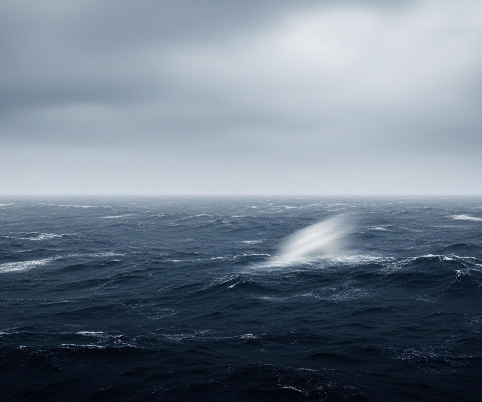 Szeroka, ciemnoniebieska powierzchnia morza wypełnia dolną połowę kadru, ukazując falujące, spienione grzywy fal. W centralnej części obrazu, na wodzie, widoczny jest pionowy strumień białej mgiełki lub rozprysku, rozciągający się ku górze i lekko w prawo. Powyżej linii horyzontu rozciąga się zachmurzone niebo w odcieniach szarości i błękitu, z jaśniejszym obszarem w prawym górnym rogu. Całość oddaje wrażenie burzowej, surowej morskiej pogody.