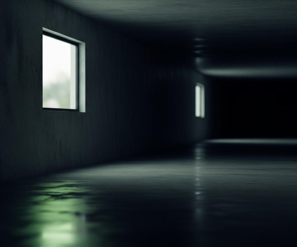 Długi, ciemny korytarz z betonowymi ścianami i posadzką rozciąga się w głąb obrazu. Po lewej stronie, w połowie kadru, znajduje się prostokątne okno, z którego wpada jasne, biało-zielone światło, odbijające się na mokrej, lśniącej posadzce. Dalej w tle, po prawej stronie, widać kolejne, mniejsze okno, również emitujące białe światło, a korytarz stopniowo zanika w całkowitej ciemności.