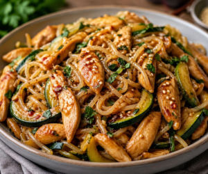 Kurczak z cukinią i makaronem ryżowym jak z woka. Ten jeden moment decyduje o całym smaku