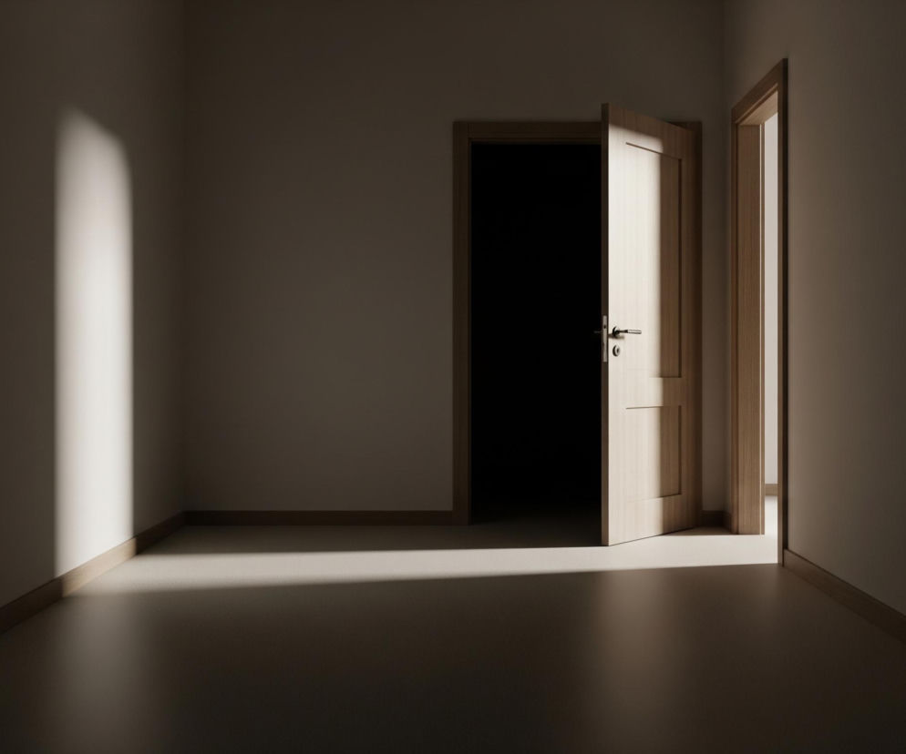 Wnętrze pustego pokoju o beżowych ścianach i podłodze, oświetlone promieniami słońca wpadającymi przez niewidoczne okno. Po lewej stronie pionowy pas intensywnego światła pada na ścianę i częściowo na podłogę. Centralnie umieszczone, lekko uchylone jasnobrązowe drewniane drzwi prowadzą do ciemnego pomieszczenia, podkreślając kontrast światła i cienia. Po prawej stronie widoczne są kolejne, otwarte, jasnobrązowe drewniane drzwi, przez które wpada delikatne światło na podłogę.