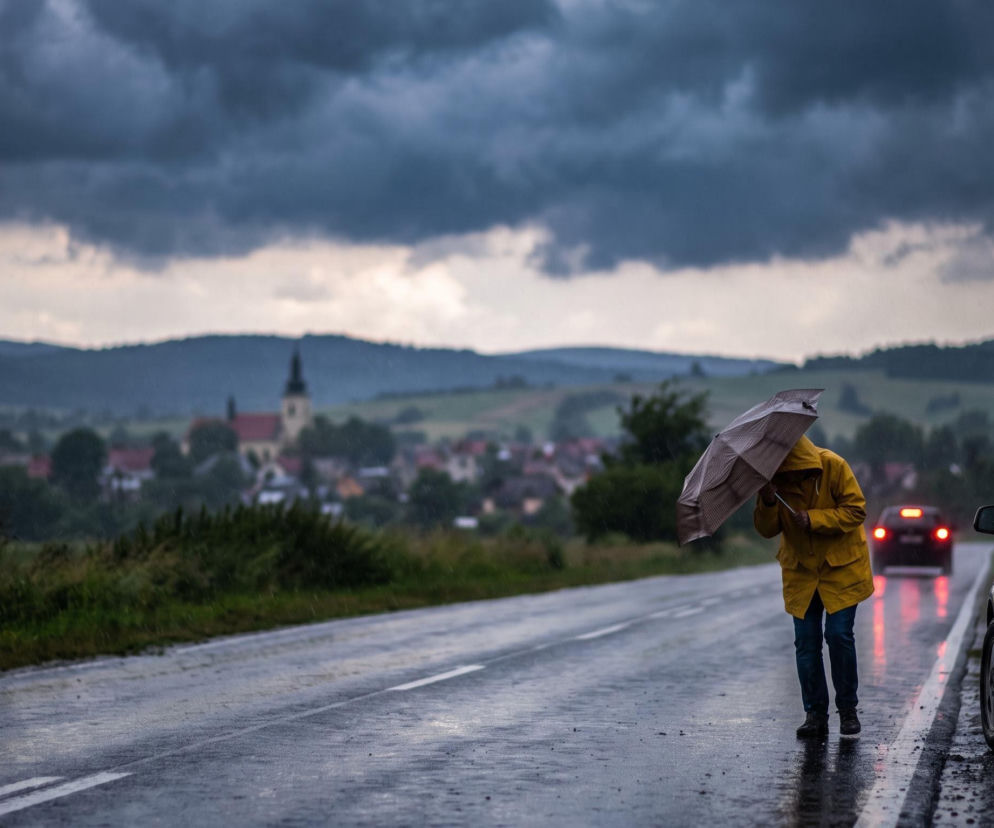 Osoba w żółtym płaszczu z parasolem na drodze w czasie ulewy. O alertach IMGW przeczytasz w serwisie Eska.
