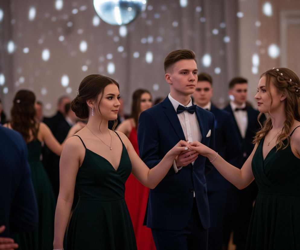 Trzy młode osoby stoją na pierwszym planie, tworząc centralny punkt zdjęcia w jasnym pomieszczeniu o rozmytych światłach w tle. Mężczyzna w ciemnym, granatowym garniturze i muszce stoi pośrodku, a dwie kobiety w ciemnozielonych sukniach z dekoltem w serek stoją po jego bokach. Wszystkie trzy osoby patrzą w prawą stronę, a kobiety trzymają się za ręce z mężczyzną, tworząc formację taneczną. W tle widać wiele innych osób w podobnych eleganckich strojach, a na suficie błyszczy kula dyskotekowa, rzucając białe, rozmyte refleksy na ściany i sufit.