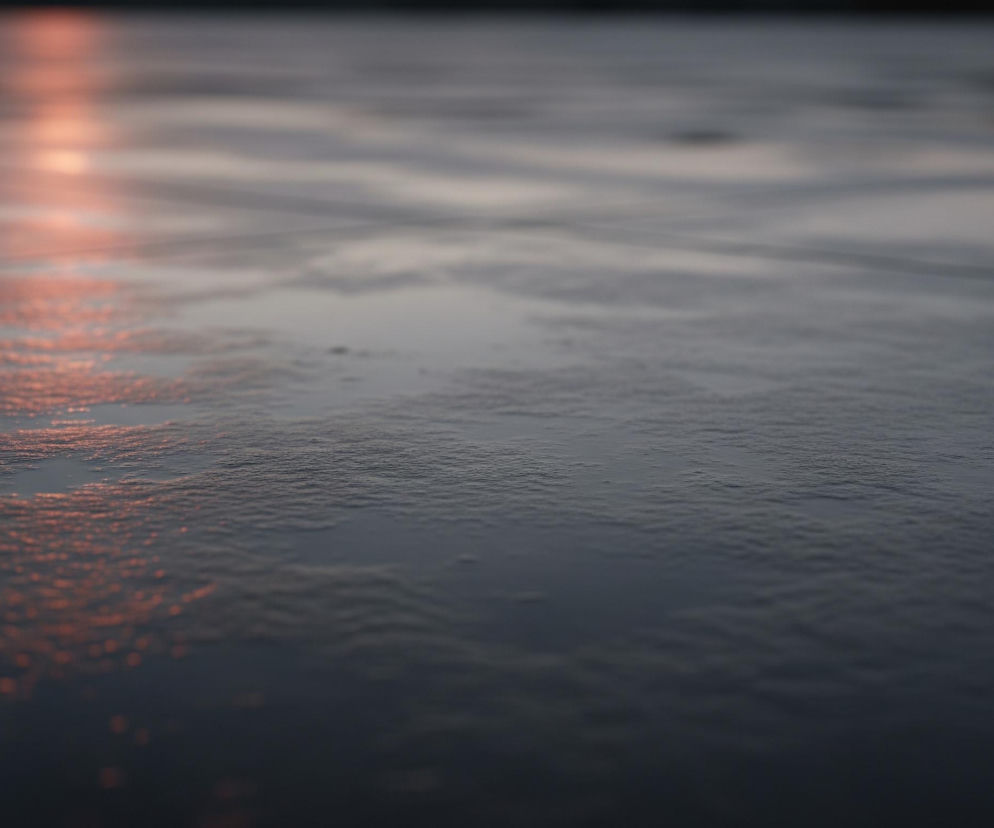 Powierzchnia pokryta wodą lub szronem rozciąga się od dołu kadru, ku górze. Centralna część obrazu, będąca w ostrości, ukazuje ciemnoszarą, lekko chropowatą teksturę z widocznymi refleksami światła. W lewej górnej części, rozmyta, pomarańczowo-różowa smuga światła odbija się od powierzchni, tworząc jaśniejszy akcent. Prawa strona kadru jest ciemniejsza, z niewyraźnym, pionowym, ciemnym kształtem.