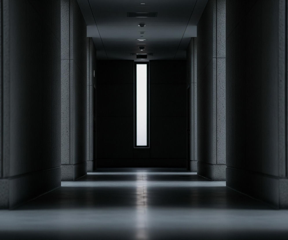 Długi, wąski korytarz rozciąga się w głąb obrazu, prowadząc wzrok do jasnego, pionowego okna umieszczonego na jego końcu. Ściany korytarza po obu stronach pokryte są ciemnoszarymi panelami o chropowatej, ziarnistej teksturze. Na suficie w regularnych odstępach widoczne są punktowe źródła światła. Podłoga odbija światło z okna, tworząc jasny pas pośrodku i ciemniejsze cienie wzdłuż ścian.