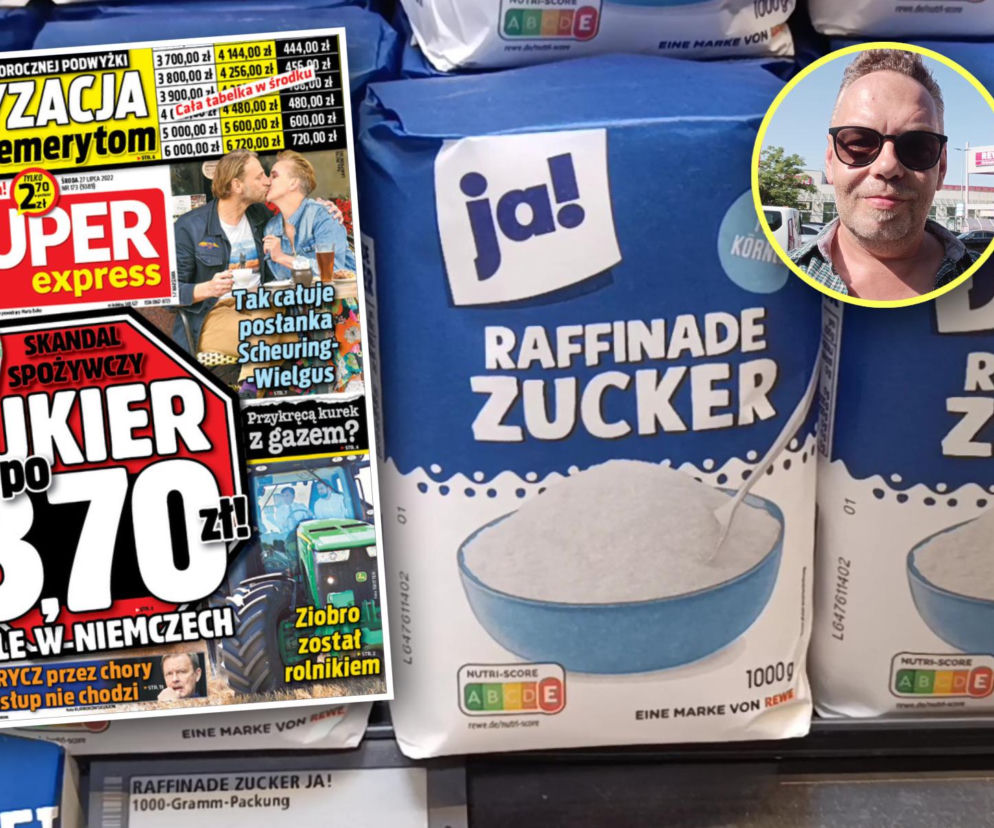 Niebieskie opakowania niemieckiego cukru. Obok gazeta Super Express i mężczyzna. O cenach przeczytasz na SE Szczecin.