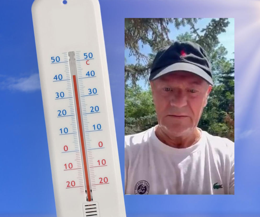 Zestawienie termometru wskazującego wysoką temperaturę na tle błękitnego nieba z Donaldem Tuskiem w czapce i koszulce po treningu, apelującym o ostrożność podczas upałów. Więcej na ten temat przeczytasz na naszym portalu.