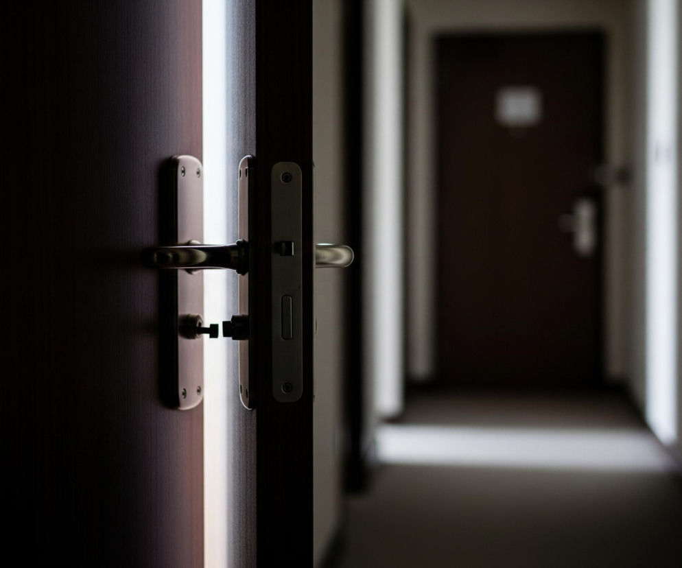 Otwarte, drewniane drzwi z metalową klamką ukazują ciemny korytarz. Z lewej strony widoczny jest fragment ciemnobrązowych drzwi z metalowym uchwytem i klamką, częściowo oświetlonych jasną smugą światła biegnącą wzdłuż krawędzi. Po prawej stronie, w głębi korytarza, znajduje się kolejne ciemne drzwi z niewyraźnym numerem pokoju i uchwytem, a na ścianie widoczny jest ciemny, prostokątny obraz. Cały korytarz jest słabo oświetlony, z jasnym pasem światła na podłodze.