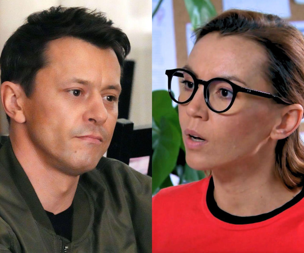 Marcin Bikowski jako Daniel w zielonej kurtce i kobieta w okularach w czerwonej bluzce, dyskutujący o dramatycznych chwilach w szpitalu z serialu Barwy szczęścia. Więcej o tym na Super Seriale.