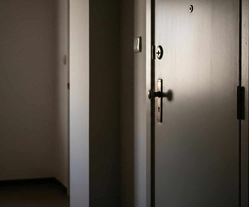 Jasne, szare drzwi wejściowe, z widoczną klamką w kolorze mosiądzu i zamkiem, dominują prawą część kadru. Na drzwiach, powyżej klamki, znajduje się wizjer. Po lewej stronie drzwi widoczny jest fragment ściany i narożnik, tworzący głębię obrazu z ciemnym, zacienionym korytarzem w tle. Całość utrzymana jest w stonowanych barwach szarości i brązów, z mocnym kontrastem światła i cienia.