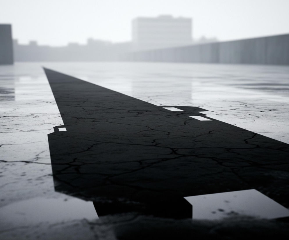 Głównym obiektem jest szeroki pas asfaltu w kolorze ciemnoszarym, z widocznymi pęknięciami, który biegnie w głąb obrazu, zwężając się i znikając w odległej mgle. Po bokach pasa znajdują się kałuże, odbijające otoczenie i tworzące jaśniejsze plamy na ciemnym tle nawierzchni. Horyzont dominuje jasna, rozmyta mgła, z niewyraźnie zarysowanymi, ciemniejszymi bryłami budynków.