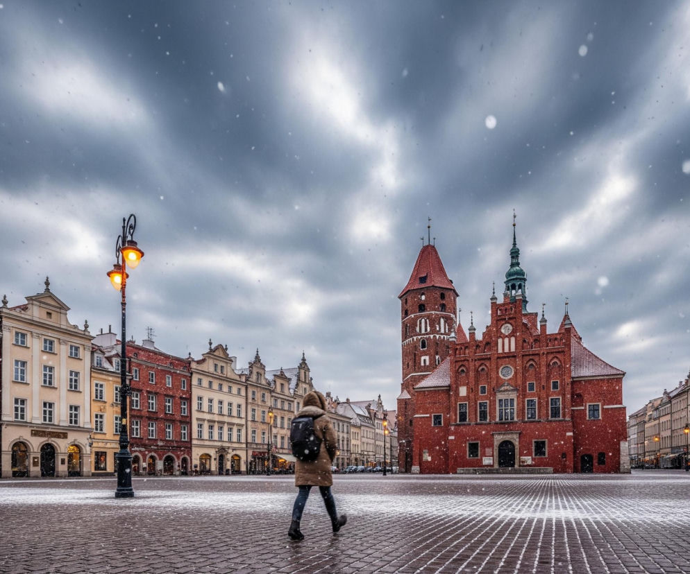 Przedstawiona scena to zasypany śniegiem plac miejski, otoczony zabytkowymi kamienicami. W centrum kadru, po prawej stronie, dominuje duży, ceglany budynek z wysoką wieżą i zielonym szpiczastym dachem, pokryty niewielką warstwą śniegu. Po jego lewej stronie, wzdłuż lewej krawędzi placu, ciągnie się szereg kolorowych kamienic, z dachami częściowo pokrytymi białym puchem, zaś na pierwszym planie, odwrócona plecami do widza, kroczy postać w jasnobrązowej kurtce z kapturem i ciemnym plecakiem, przechodząc przez mokrą, brukowaną nawierzchnię placu, na której leży świeżo spadły śnieg, tworząc jasne refleksy. Niebo jest pochmurne, z widocznymi ciemnymi chmurami, a w powietrzu unosi się wiele pojedynczych, wyraźnie widocznych białych płatków śniegu.