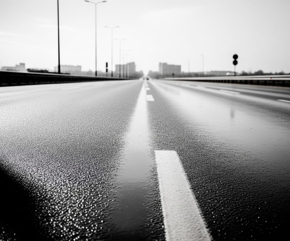 Mokra asfaltowa droga rozciąga się w głąb obrazu, pokryta drobnymi kroplami wody, które odbijają światło, tworząc efekt błyszczenia. Po lewej stronie widoczny jest długi cień, a wzdłuż drogi biegnie biała, ciągła linia. W oddali po obu stronach drogi zarysowują się zamazane, ciemne konstrukcje, a także rzędy słupów oświetleniowych, niektóre z nich z oprawami. Horyzont jest jasny i rozmyty, z pojedynczym, okrągłym znakiem na słupie po prawej stronie.
