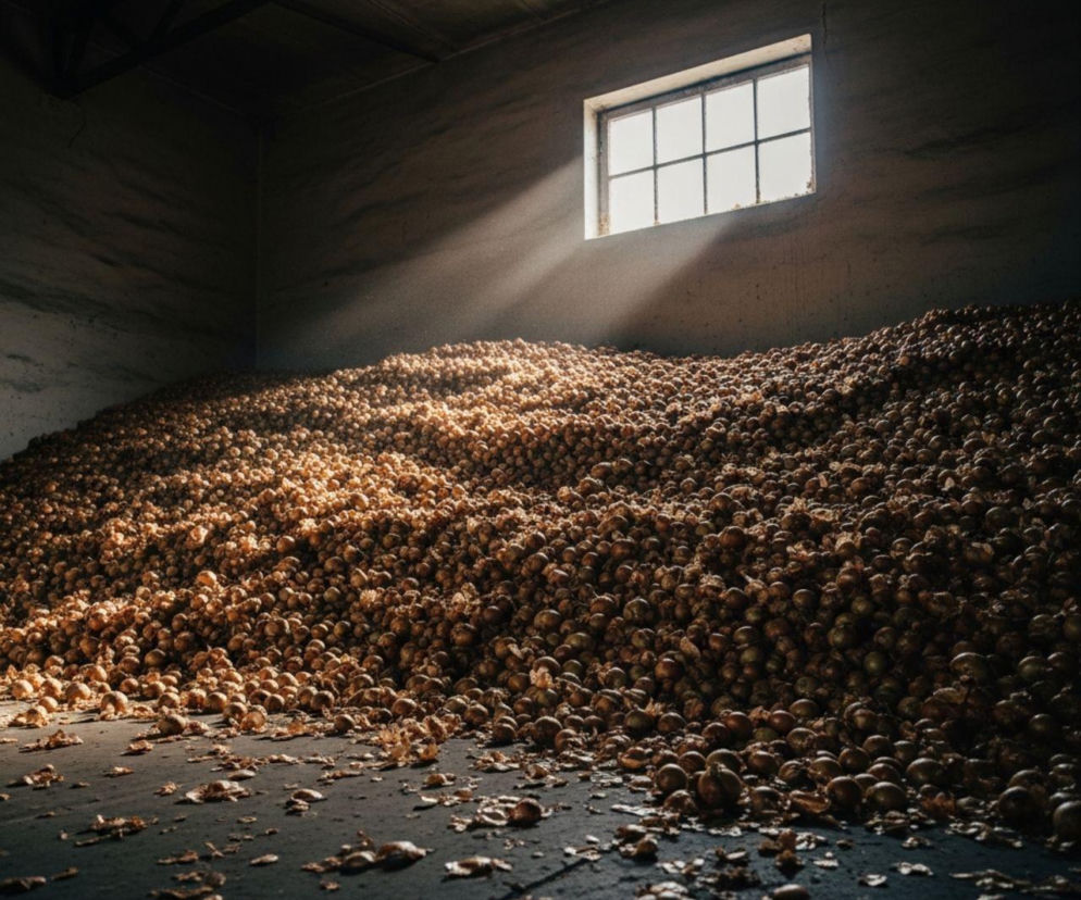 Ogromna góra cebuli w ciemnym magazynie, oświetlona promieniami słońca wpadającymi przez małe okno, symbolizuje nadpodaż i niskie ceny na europejskim rynku, o czym przeczytasz na Super Biznes.