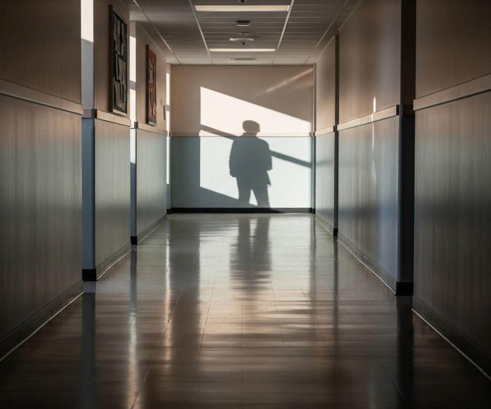 Długi, wąski korytarz rozciąga się w głąb obrazu, z ciemnymi ścianami po obu stronach i jasną, błyszczącą podłogą, odzwierciedlającą światło. Na końcu korytarza, wpadające z zewnątrz światło słoneczne tworzy wyraźny, ciemny cień postaci dziecka na jasnej ścianie. Sufit korytarza jest biały, wykonany z kasetonów, z równomiernie rozmieszczonymi lampami.