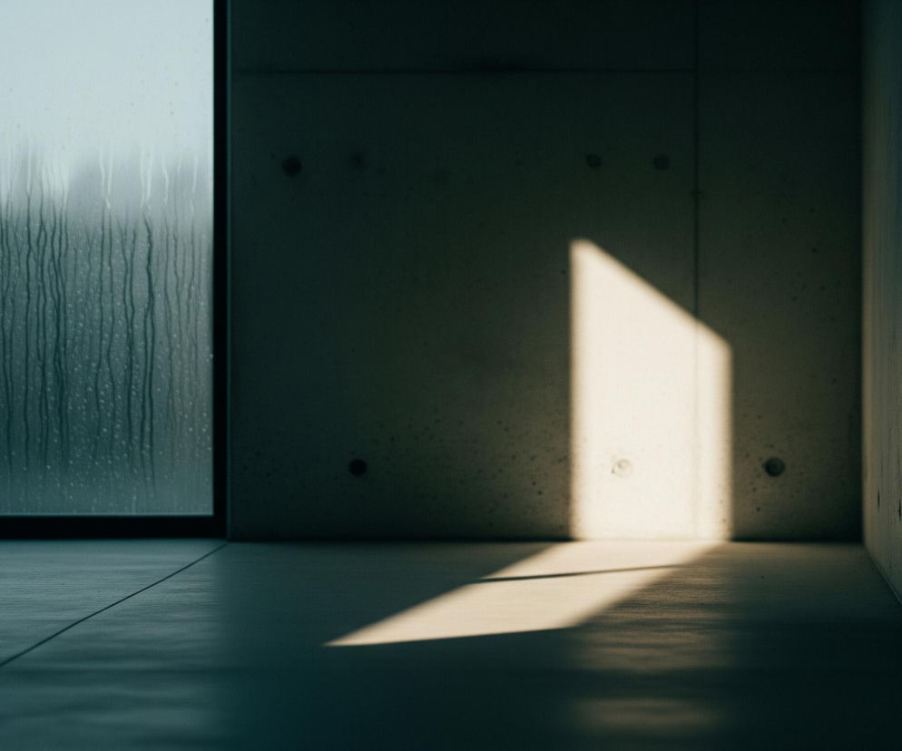Szara ściana z betonu architektonicznego z czterema ciemnymi, okrągłymi otworami dominuje prawą stronę obrazu, rozświetlona ukośnym pasem żółtego światła padającego od góry do dołu. Światło to rzuca ostry cień na podłogę, której ciemna, jednolita powierzchnia jest podzielona przez cienką, czarną linię biegnącą w poprzek od lewej do środka. Po lewej stronie widoczne jest duże, pionowe okno pokryte kroplami deszczu, przez które widać niewyraźne, ciemne kształty, przypominające drzewa lub odległe budynki.