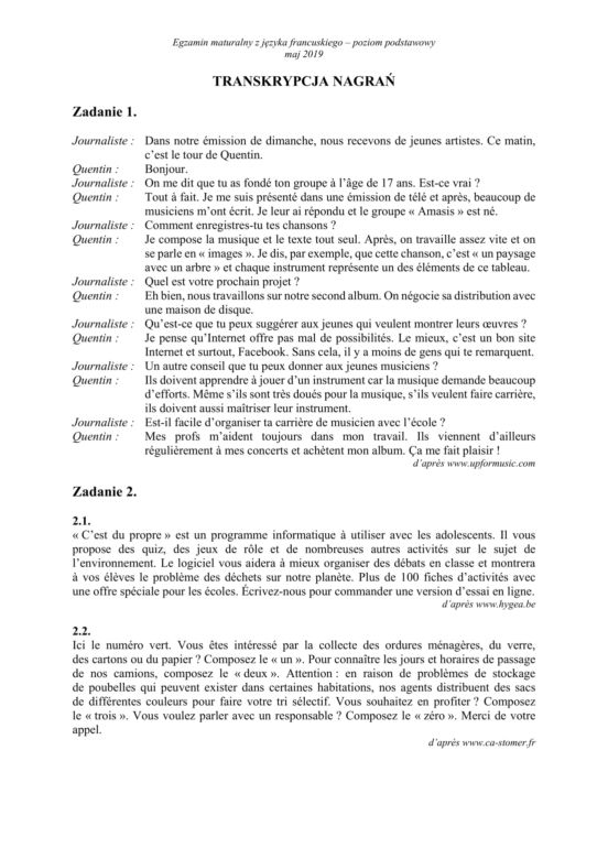 ARKUSZE CKE - Matura francuski - poziom podstawowy 2019