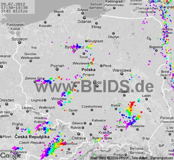 Burze w Polsce, 29.07.2012 - MAPA z godz. 17.30 - 19.30