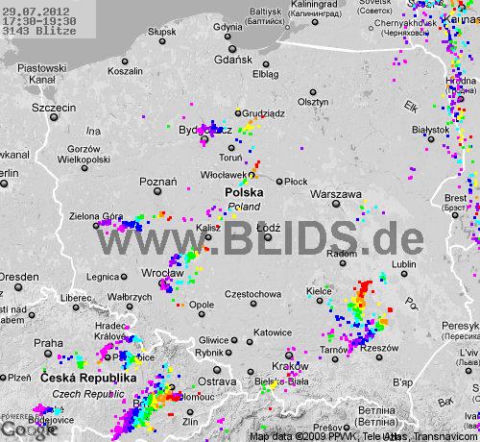 Burze w Polsce, 29.07.2012 - MAPA z godz. 17.30 - 19.30