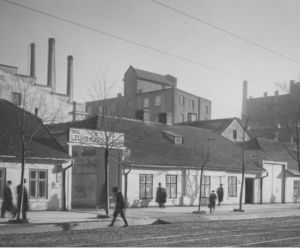 Domy parterowe nr 202 i 204 na tle zabudowań fabrycznych, rok 1918 - 1939