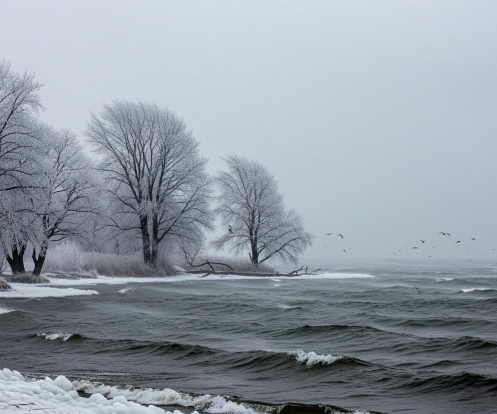 Zimowy pejzaż prezentuje szeroką panoramę zamarzniętego wybrzeża z falującym, ciemnym akwenem i ośnieżonym brzegiem. Na pierwszym planie, po lewej stronie, widać warstwy zbitego śniegu i lodu na brzegu, a dalej w głąb obrazu, morskie fale o szarozielonym odcieniu tworzą regularne grzbiety z białymi czubkami. Linia brzegowa po prawej stronie jest mniej ośnieżona, lecz porośnięta suchymi trawami i krzewami, pokrytymi szronem, a także usłana leżącymi konarami.

W tle rozciąga się pas drzew pozbawionych liści, gęsto pokrytych śniegiem i szronem, co nadaje im biało-szary wygląd. Niebo jest jednolicie szare, tworząc pochmurną atmosferę, a nad wodą, w prawym górnym rogu, krąży stado ciemnych ptaków.