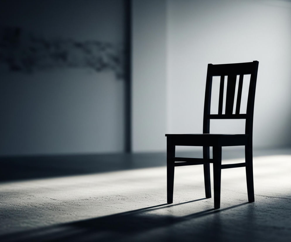 Na pierwszym planie, centralnie, stoi samotne, ciemne drewniane krzesło z czterema pionowymi szczelinami w oparciu. Jego sylwetka rzuca długi cień na szarą, betonową podłogę, oświetloną ukośnie padającym światłem z prawej strony. W tle, lewa ściana jest ciemna i częściowo zasłonięta cieniem, podczas gdy prawa ściana jest jaśniejsza, z widocznym w oddali oknem, z którego sączy się światło.