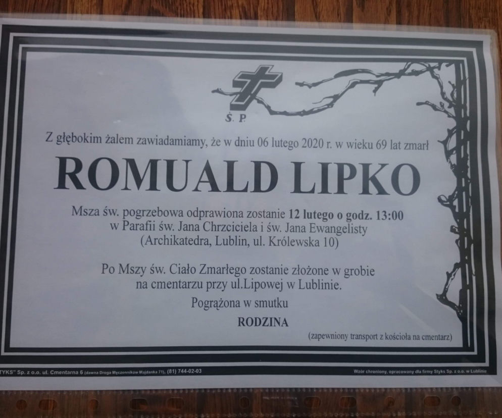 Pogrzeb Romualda Lipki odbędzie się 12 lutego 2020 roku w Lublinie