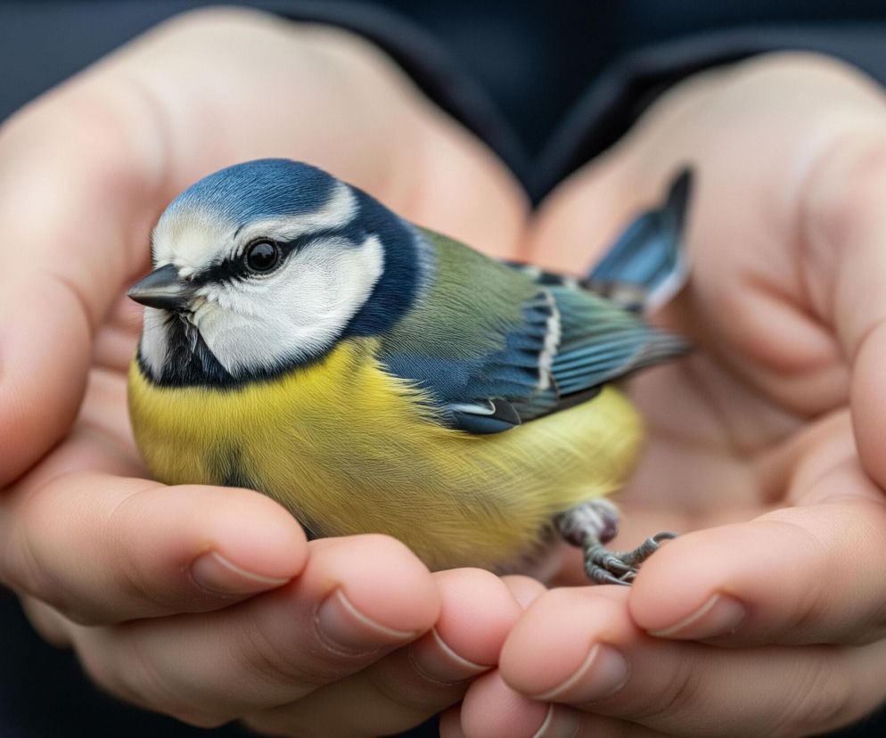 Ptak z niebiesko-żółtym upierzeniem spoczywa w złożonych dłoniach, widocznych od nadgarstków w górę, skierowanych ku sobie i tworzących zagłębienie. Główka ptaka z ciemnym, okrągłym okiem i krótkim, spiczastym dziobem zwrócona jest w lewą stronę kadru. Ciemnoniebieska czapeczka na głowie ptaka otoczona jest białym, puszystym piórem, a pod okiem widoczny jest czarny pasek. Jego pierś i brzuch są intensywnie żółte, natomiast grzbiet i skrzydła mają odcień zielonkawo-niebieski. Ciemne tło za dłońmi jest rozmyte.
